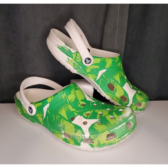CROCS Classic Clog White Green Palm Leaves RARE Design US Men's Size 13 - Picture 2 of 10